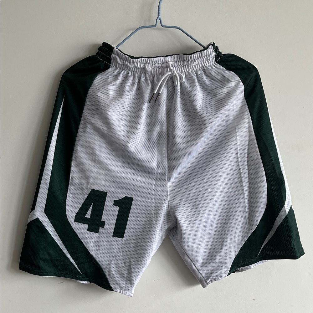 White & Dark Green Athletic Basketball Shorts with Number 41